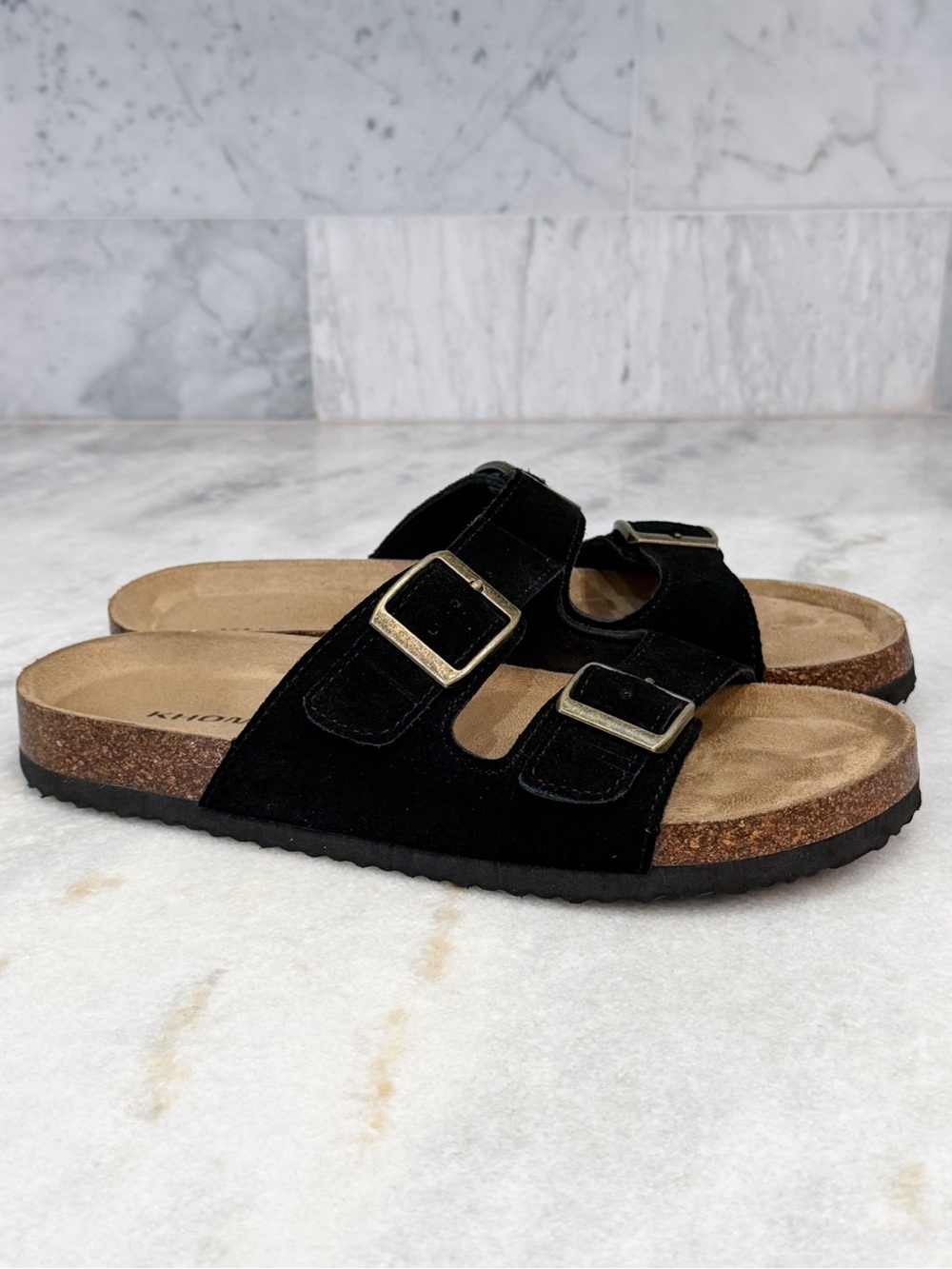 KHOMBU Women’s Black Suede Double Buckle Slide Sandals Size 7 - Picture 3 of 9